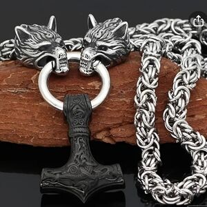New! MEN'S Nordic Wolf Viking Hammer Pendant Necklace.